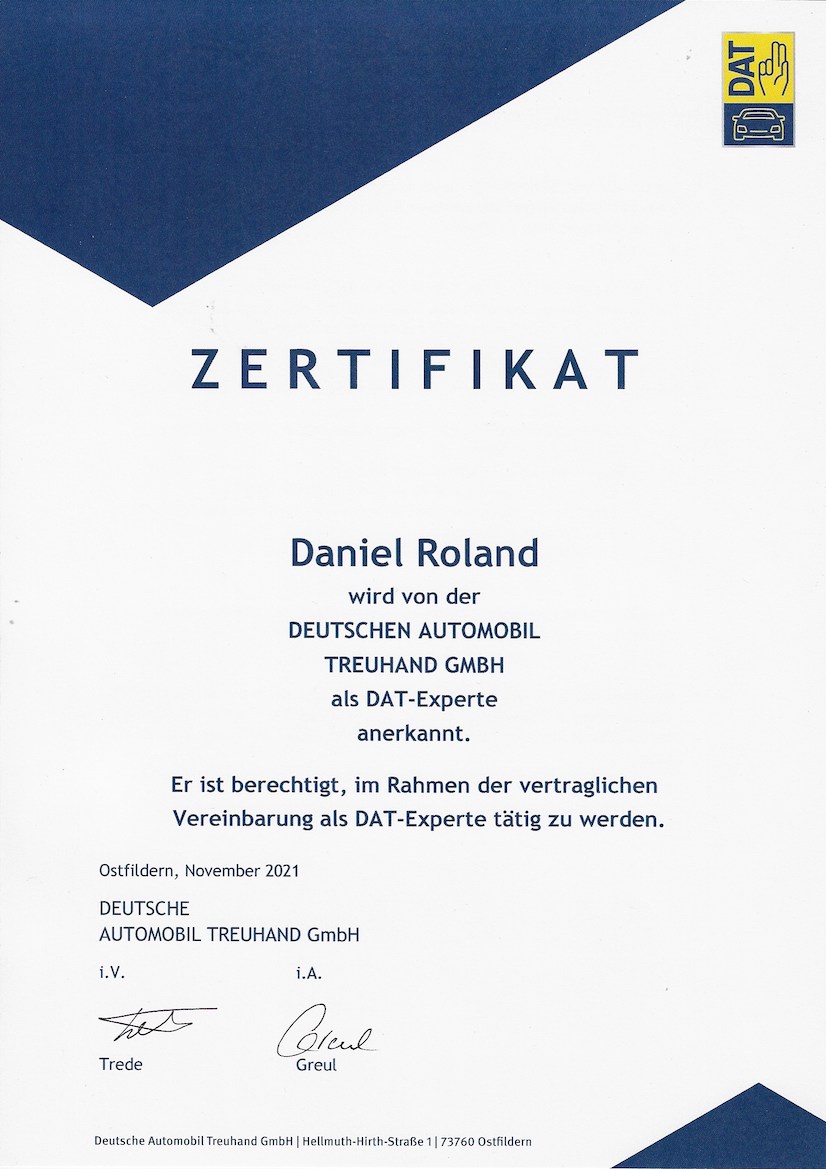 Zertifikat DAT Experte Daniel Roland