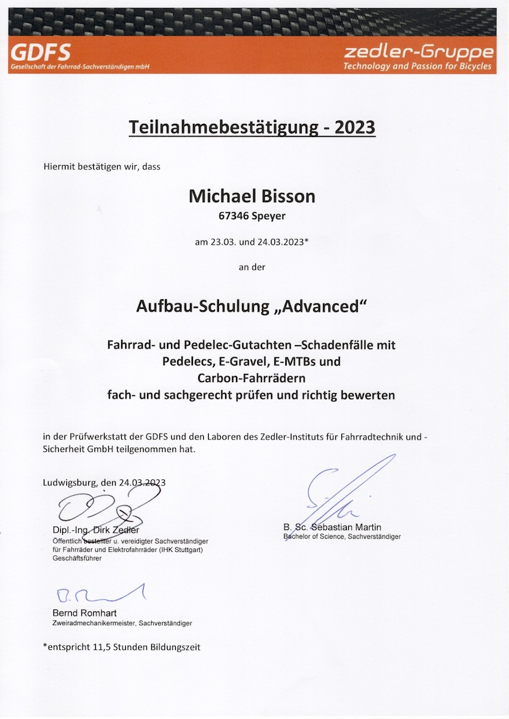 Aufbau Schulung Fahrrad Gutachten Michael Bisson